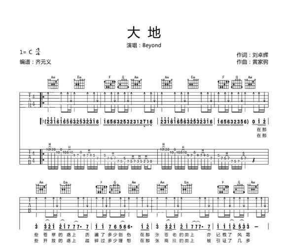 Beyond大地吉他谱分享，学吉他弹唱Beyond经典歌曲