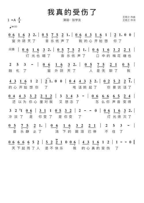 学弹张学友经典歌曲 简谱带歌词版完整分享